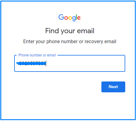 गूगल ओपन करे और Find your email in Gmail सर्च करे| आप अपना मोबाइल नंबर डाले और Next पर क्लिक करे|